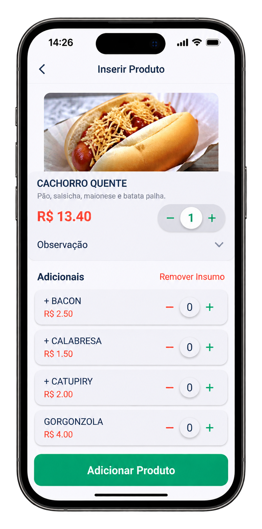 Celular mostrando a tela de inserir produto do app do garçom no OnChef